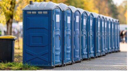 Row of portable restroom units maintained on a standing weekly route
