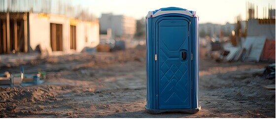 Blue portable toilet staged on an active construction site in El Cajon, California